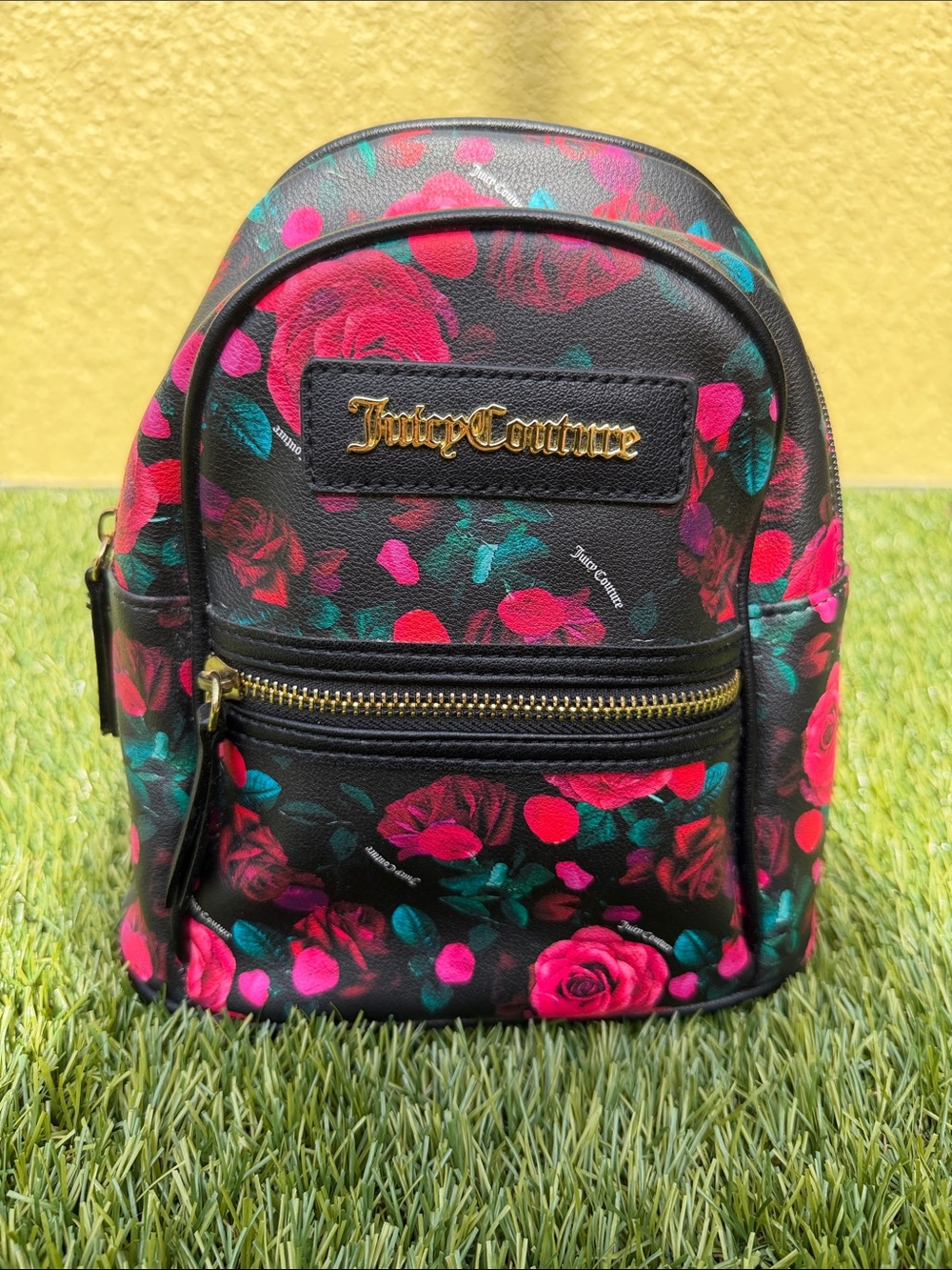 Juicy Couture Black Floral Rose Mini Backpack Y2K Pink Roses Bag Purse OSFA